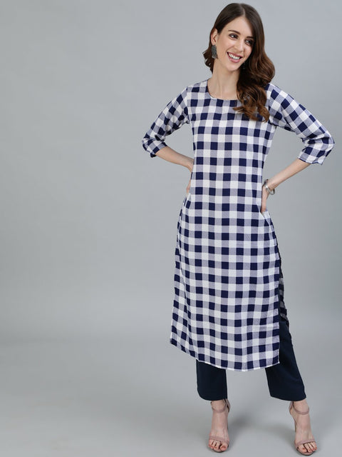 Women Navy blue Checked Printed Straight Kurta With Three Quarter Sleeves