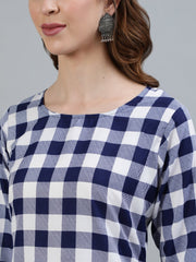 Women Navy blue Checked Printed Straight Kurta With Three Quarter Sleeves