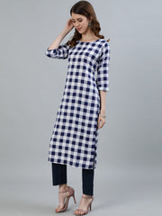 Women Navy blue Checked Printed Straight Kurta With Three Quarter Sleeves