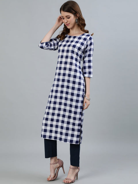 Women Navy blue Checked Printed Straight Kurta With Three Quarter Sleeves