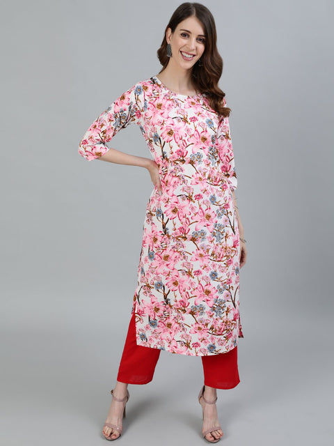 Women Pink Floral Printed Straight Kurta With Three Quarter Sleeves