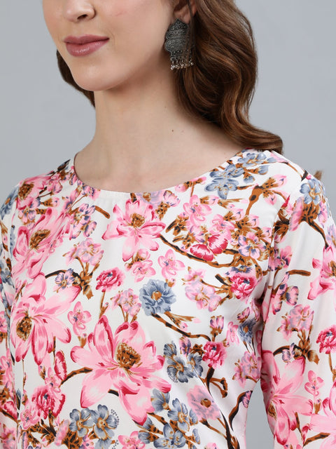 Women Pink Floral Printed Straight Kurta With Three Quarter Sleeves