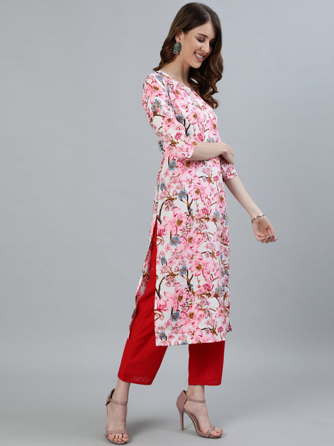 Women Pink Floral Printed Straight Kurta With Three Quarter Sleeves