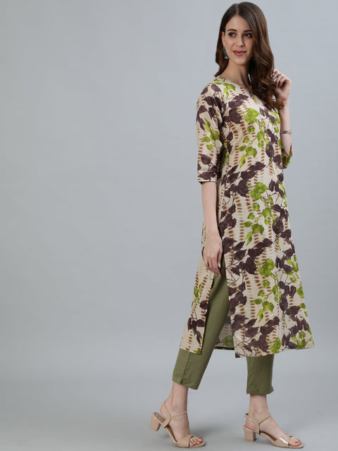 Women Beige Floral Printed Straight Kurta With Three Quarter Sleeves