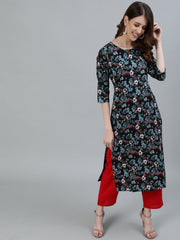 Women Black Floral Printed Straight Kurta With Three Quarter Sleeves