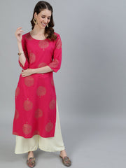 Women Pink Printed Straight Kurta With Three Quarter Sleeves