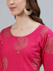 Women Pink Printed Straight Kurta With Three Quarter Sleeves