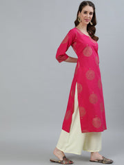 Women Pink Printed Straight Kurta With Three Quarter Sleeves