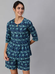 Women Blue Floral Printed Night Suit