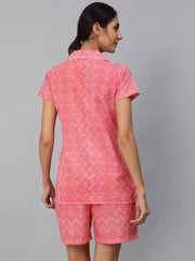 Women Pink ZIg-Zac Printed Night Suit