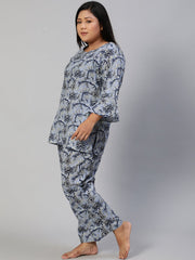 Women Blue Printed Night Suit