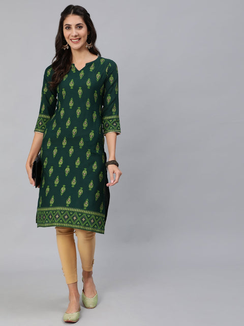 Women Green & Gold Printed Straight Kurta With Three Quarter sleeves