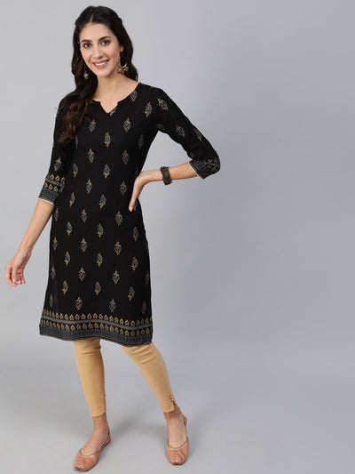 Women Black & Gold Printed Straight Kurta With Three Quarter Sleeves