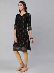 Women Black & Gold Printed Straight Kurta With Three Quarter Sleeves