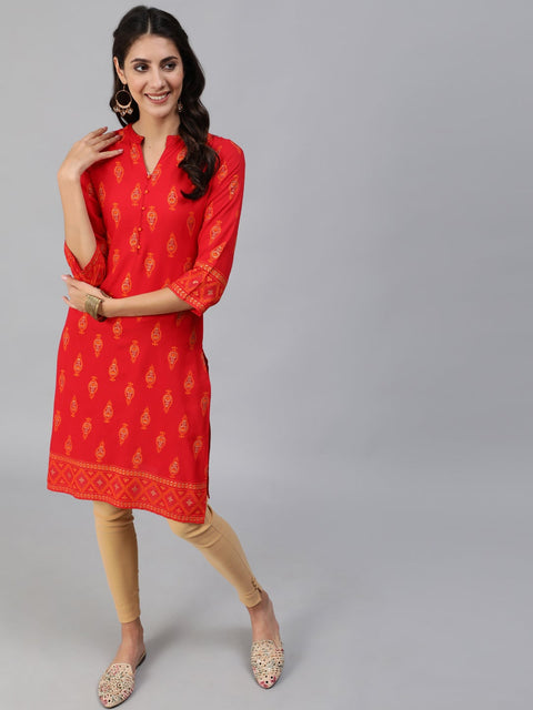 Women Red & Gold Toned Ethnic Motifs Printed Straight Kurta