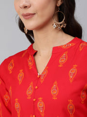 Women Red & Gold Toned Ethnic Motifs Printed Straight Kurta