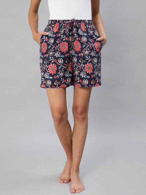 Women Blue Floral Printd Shorts With Pocket