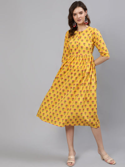 Women Yellow And Pink Ethnic Printed Midi Dress