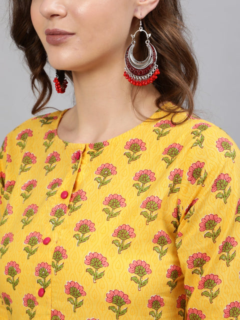 Women Yellow And Pink Ethnic Printed Midi Dress