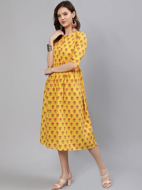 Women Yellow And Pink Ethnic Printed Midi Dress