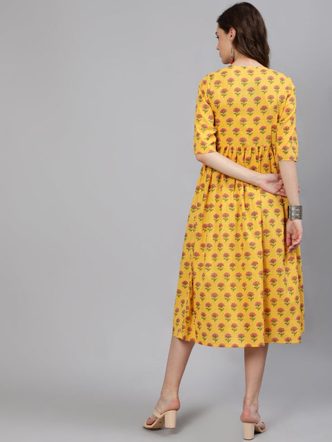 Women Yellow And Pink Ethnic Printed Midi Dress