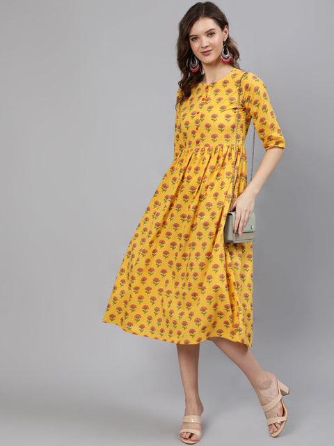 Women Yellow And Pink Ethnic Printed Midi Dress