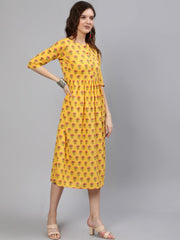 Women Yellow And Pink Ethnic Printed Midi Dress