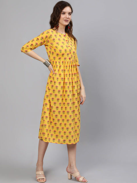 Women Yellow And Pink Ethnic Printed Midi Dress