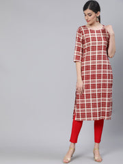 Women Cream & Red Checked Straight Kurta With Three Quarter Sleeves