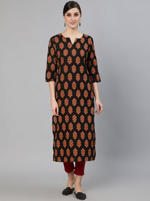 Women Black Ethnic Motif Printed Straight Kurta With Three Quarter Sleeves