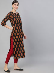 Women Black Ethnic Motif Printed Straight Kurta With Three Quarter Sleeves