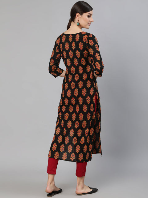 Women Black Ethnic Motif Printed Straight Kurta With Three Quarter Sleeves