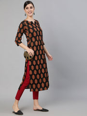 Women Black Ethnic Motif Printed Straight Kurta With Three Quarter Sleeves