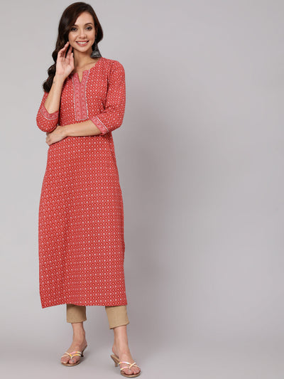 Women Rust Ethnic Printed Straight Kurta With Three Quarter Sleeves