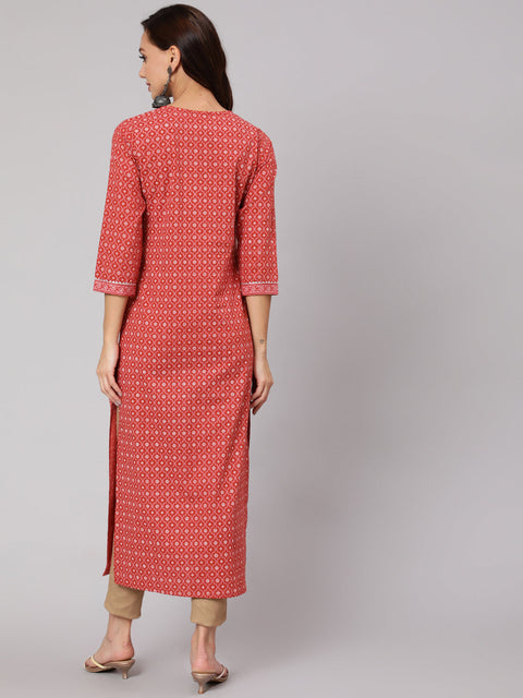 Women Rust Ethnic Printed Straight Kurta With Three Quarter Sleeves
