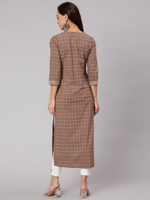 Women Brown Printed Straight kurta With Three Quarter Sleeves