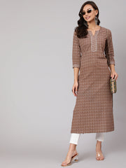 Women Brown Printed Straight kurta With Three Quarter Sleeves