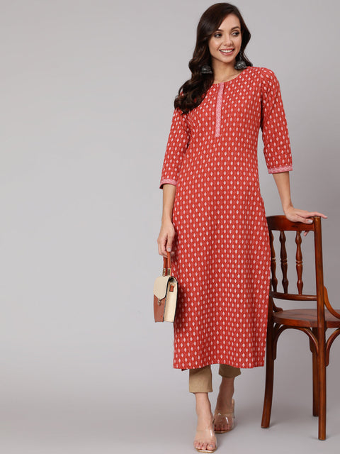 Women Rust Ethnic Printed Straight Kurta With Three Quarter Sleeves