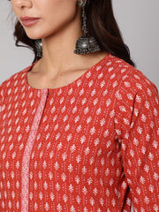 Women Rust Ethnic Printed Straight Kurta With Three Quarter Sleeves