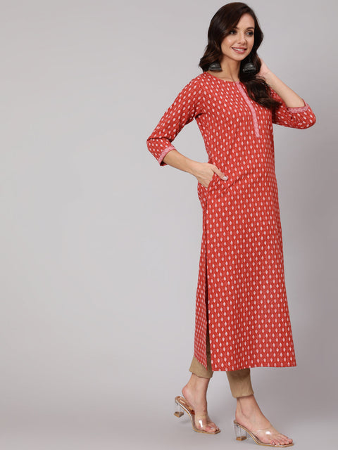 Women Rust Ethnic Printed Straight Kurta With Three Quarter Sleeves