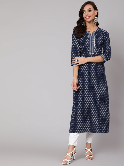 Women Navy Blue Ethnic Printed Straight Kurta With Three Quarter Sleeves