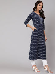 Women Navy Blue Ethnic Printed Straight Kurta With Three Quarter Sleeves