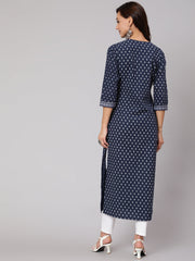 Women Navy Blue Ethnic Printed Straight Kurta With Three Quarter Sleeves