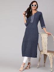 Women Navy Blue Ethnic Printed Straight Kurta With Three Quarter Sleeves