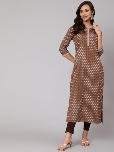 Women Brown Printed Straight kurta With Three Quarter Sleeves