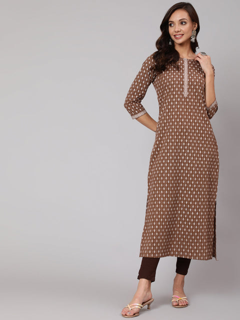 Women Brown Printed Straight kurta With Three Quarter Sleeves