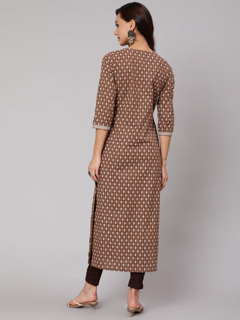 Women Brown Printed Straight kurta With Three Quarter Sleeves