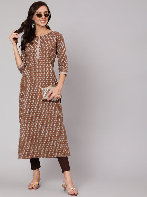 Women Brown Printed Straight kurta With Three Quarter Sleeves