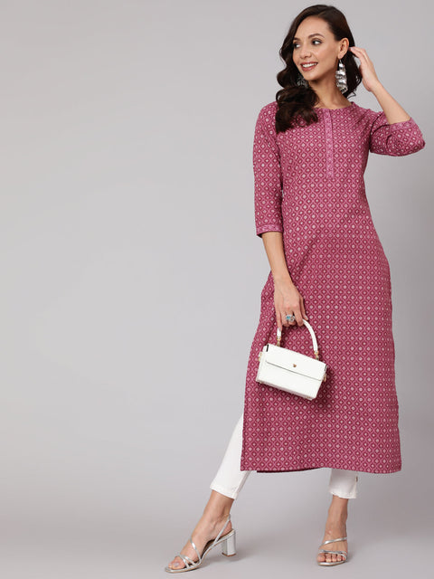 Women Mauve Printed Straight kurta With Three Quarter Sleeves