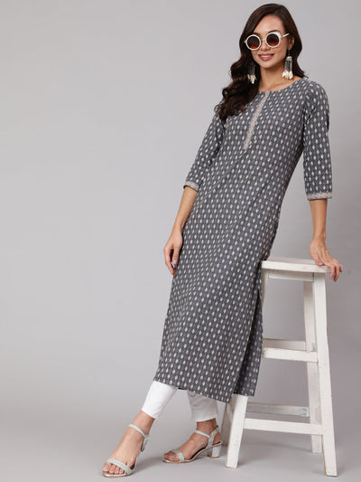 Women Grey Printed Straight kurta With Three Quarter Sleeves